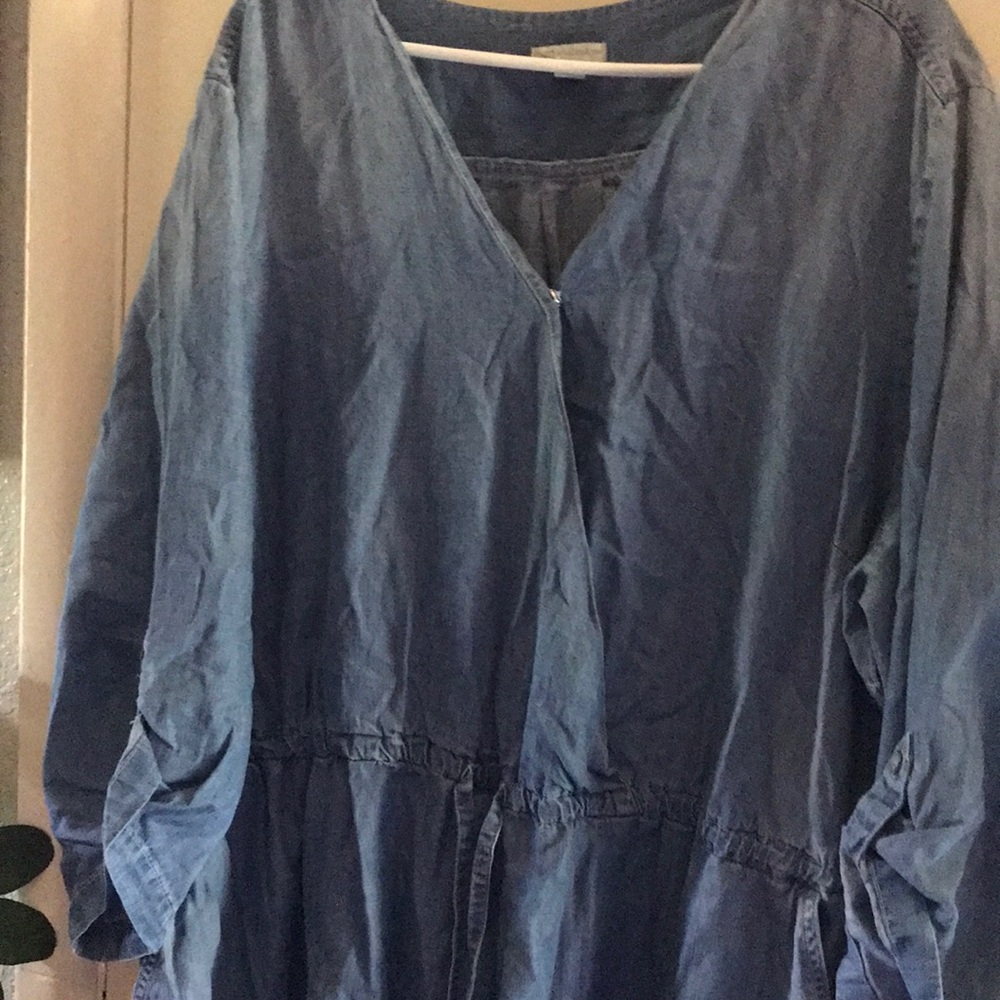 Denim romper..(flawed)..see pic #3..unable to see the flaw when wearing.easy fix